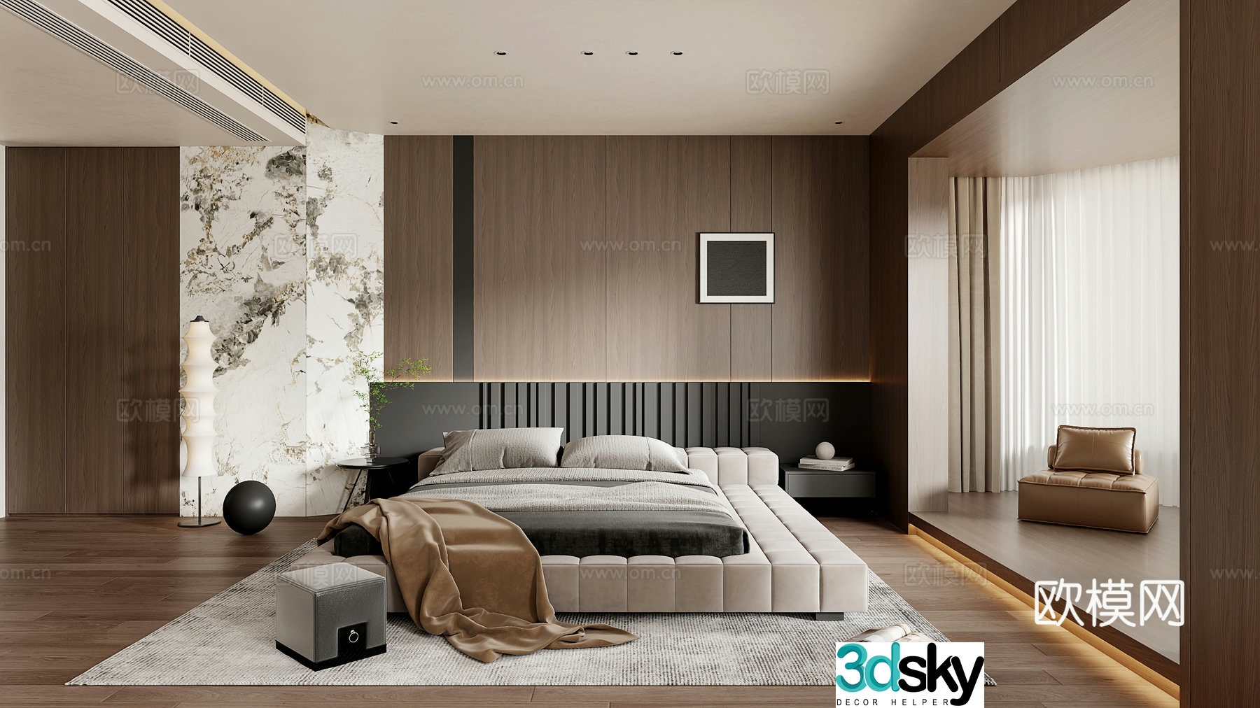 Modern Italian style home bedroom bedside background wall bedroom double bed floor bedroom villa bedroom 3d model