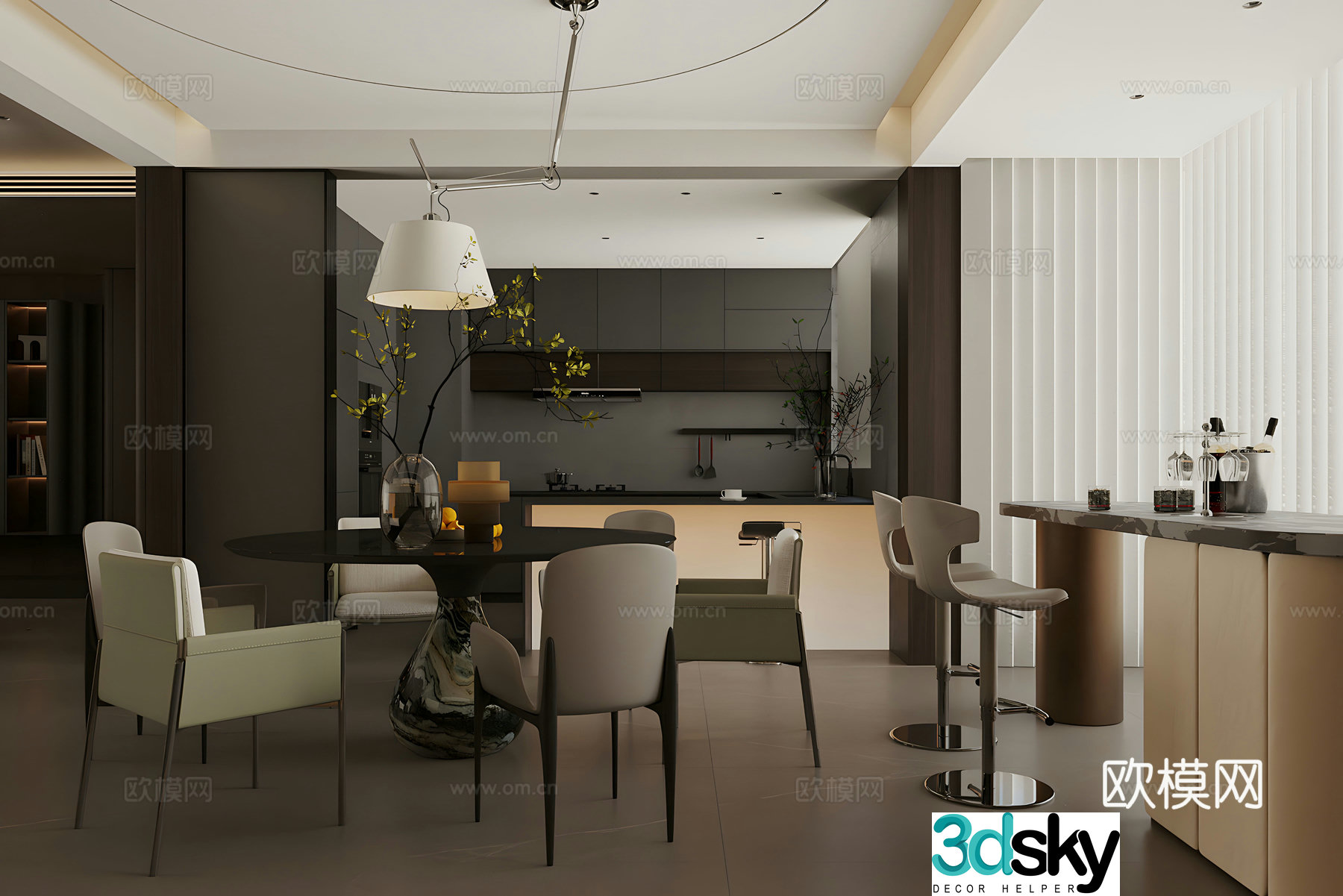 Modern Italian home restaurant Light luxury Italian restaurant Black and white and gray restaurant Round table restaurant Dining table and chairs 3D model