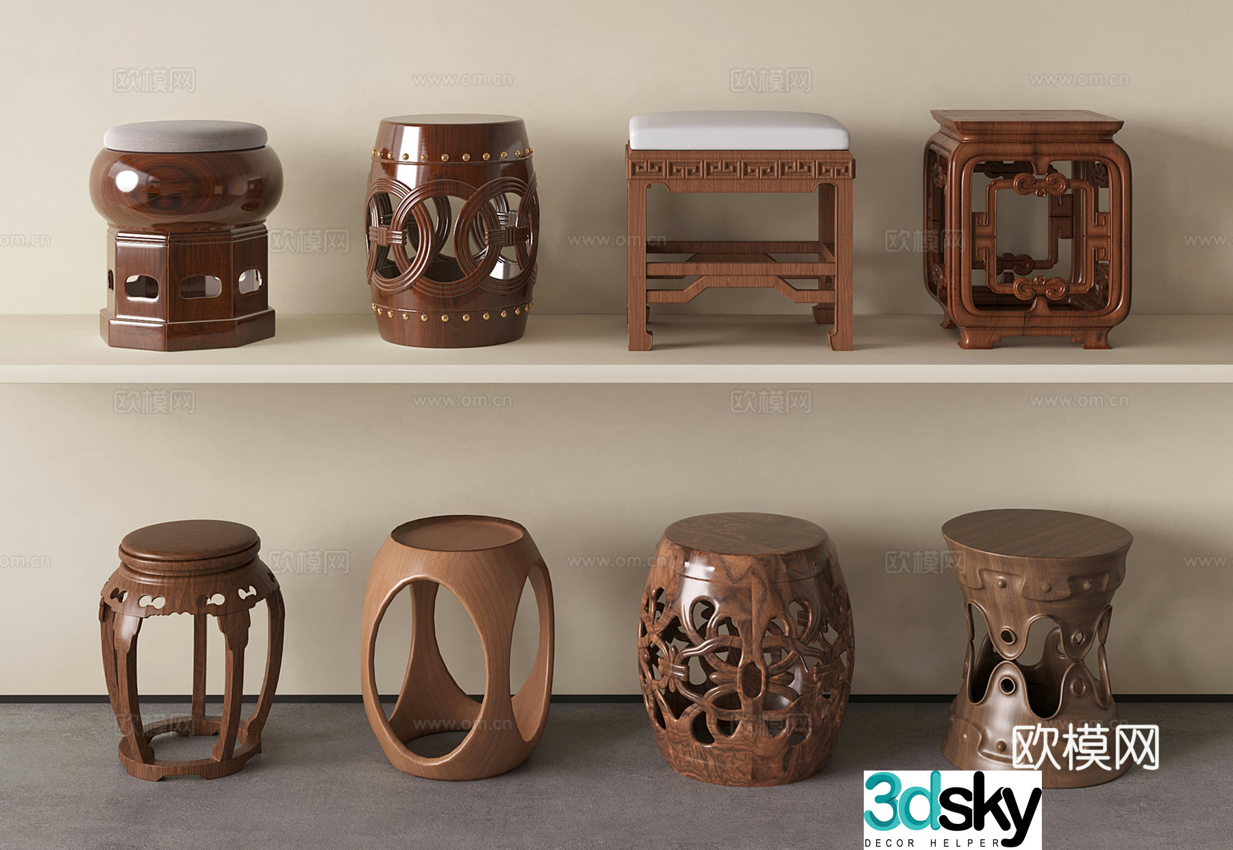 New Chinese drum stool round stool low stool stool wooden stool 3d model