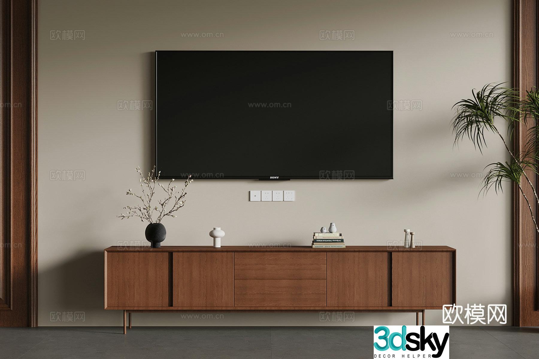 Middle-aged TV cabinet wall-mounted TV TV background wall decorative ornaments 3D model