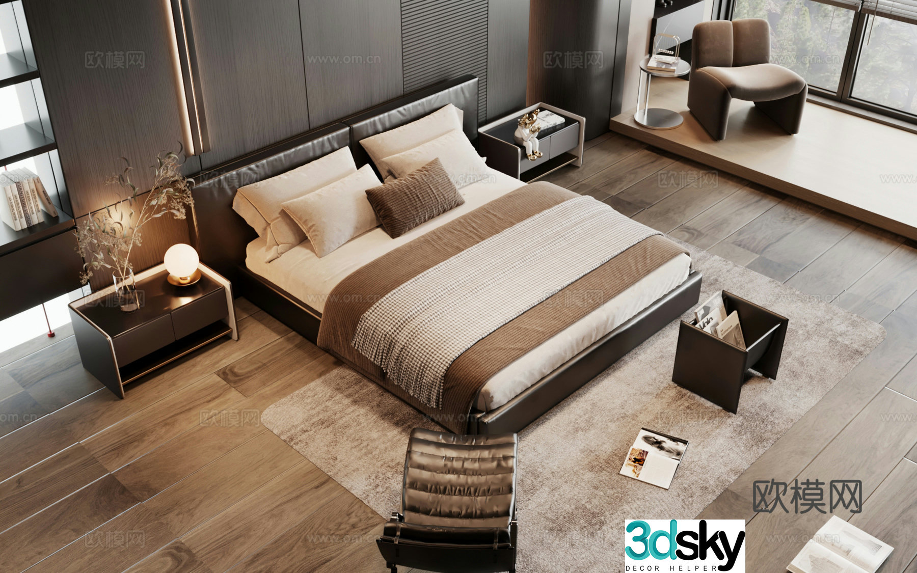 Bedding combination Italian minimalist double bed bed nightstand leisure chair 3d model