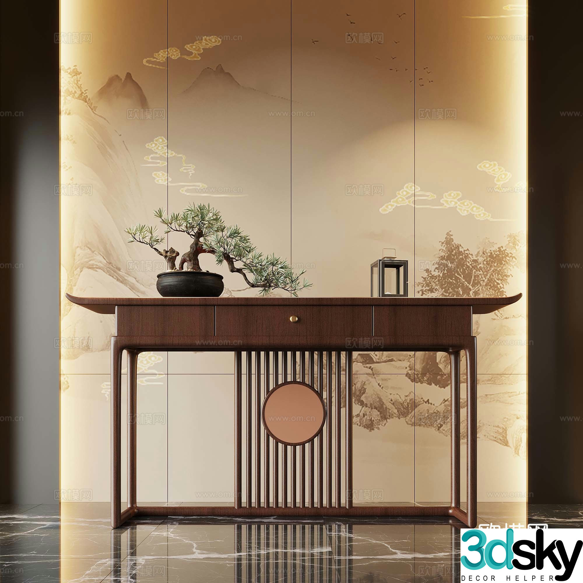 New Chinese style entrance hall end view cabinet entrance hall cabinet potted bonsai ornament 3D model