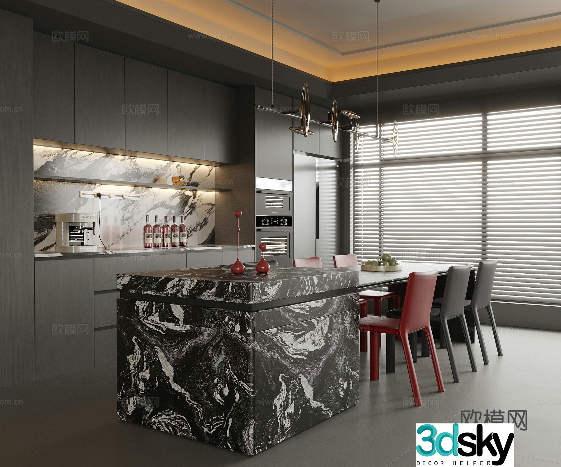 Modern restaurant island dining table and chair dining chair wine cabinet sideboard 3d model