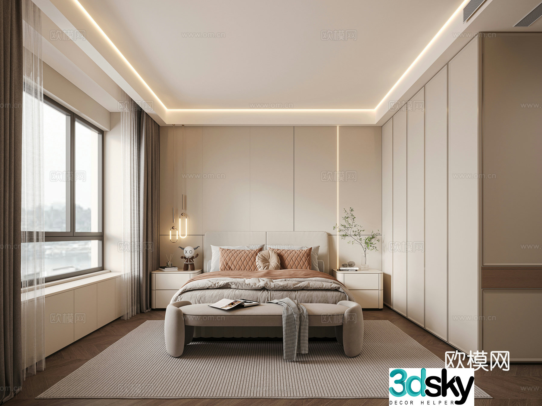 Modern ownerless lamp bedroom fabric bed bed tail collapse nightstand chandeliers wall panel line lamp bay window modern wardrobe 3D model