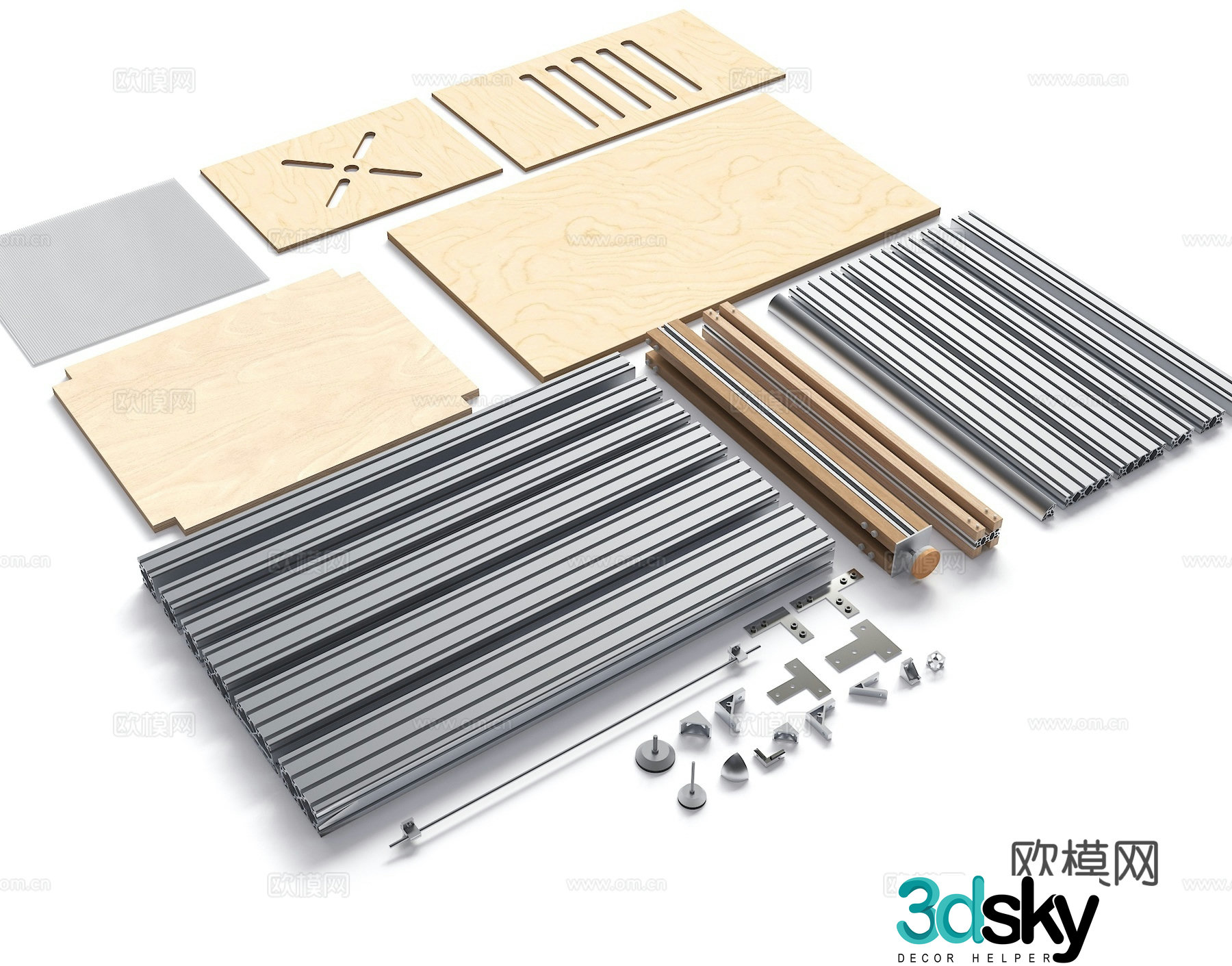 Industrial aluminum profiles Shelf profiles Aluminum profile connectors Aluminum profile accessories Marine boards Aluminum 3D model