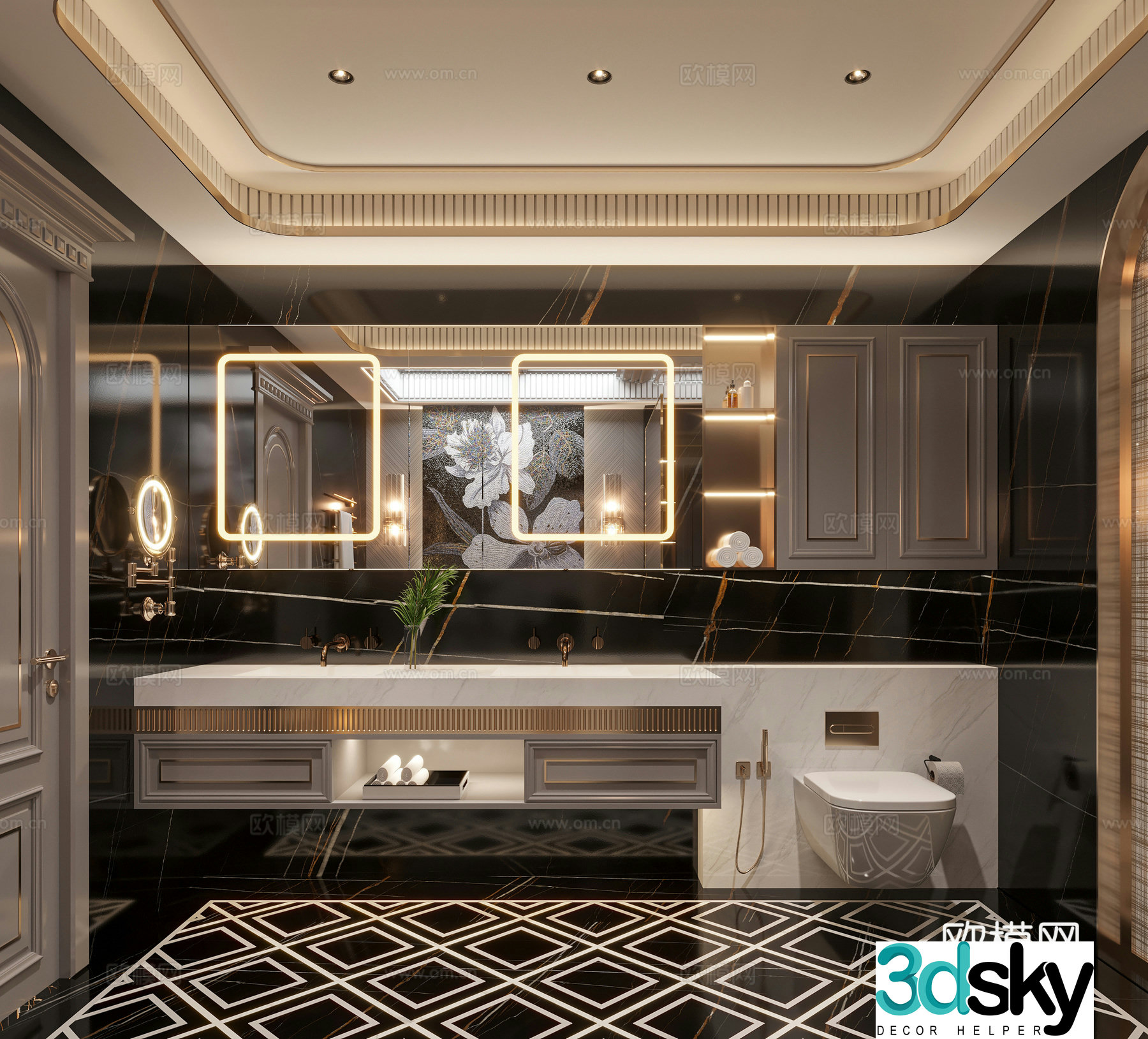 French light luxury bathroom modern bathroom crystal wall lamp stone parquet bathroom mirror hanging bathroom cabinet shower 3d model