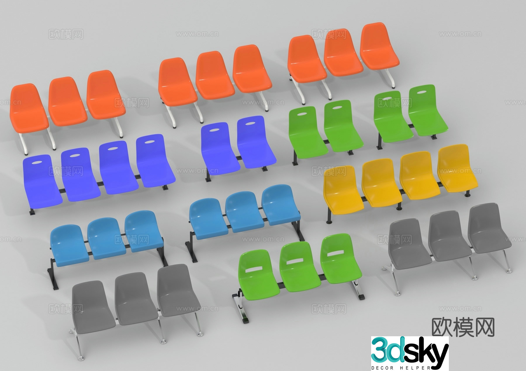 Public seats waiting chairs rows of chairs 3D model