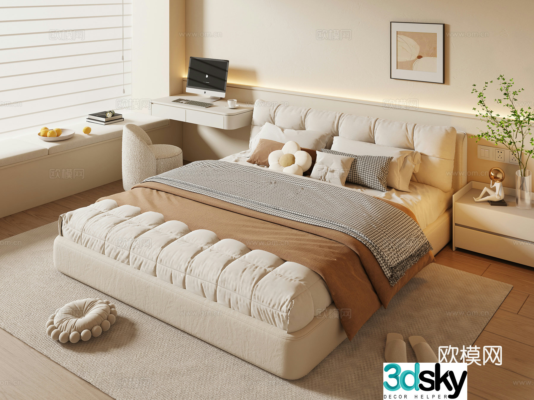 Modern creamy bedroom 3d model