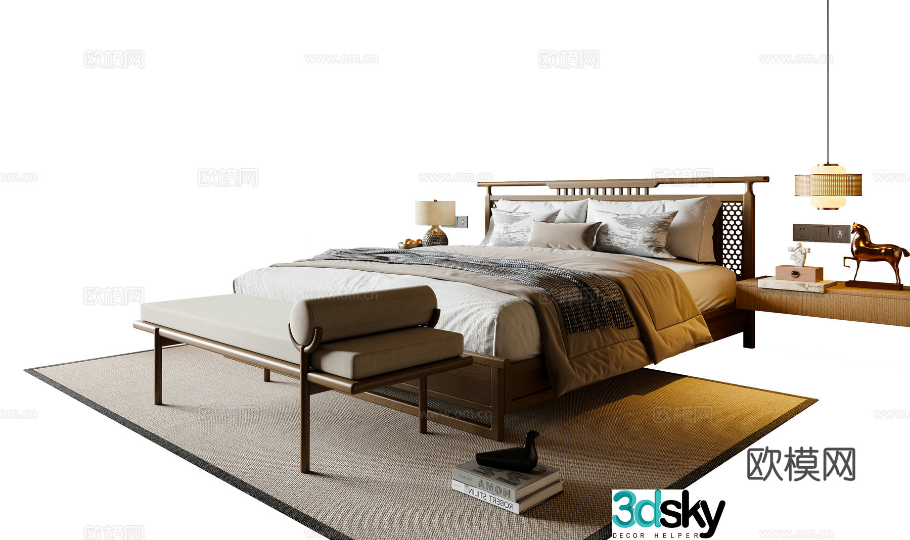 New Chinese Song style double bed nightstand chandeliers carpet 3d model