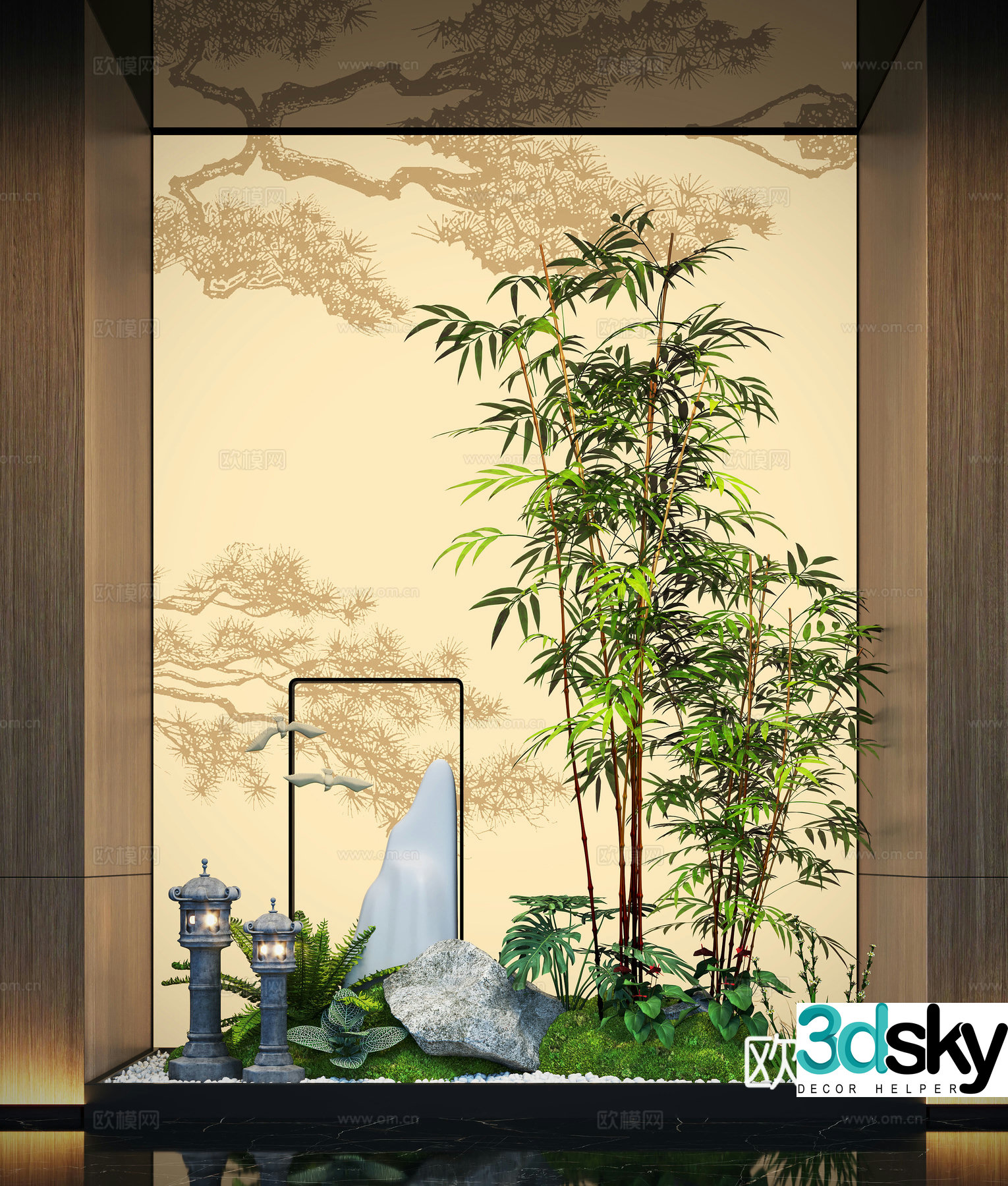 New Chinese-style interior landscape landscaping moss landscape landscape sketch bamboo 3d model