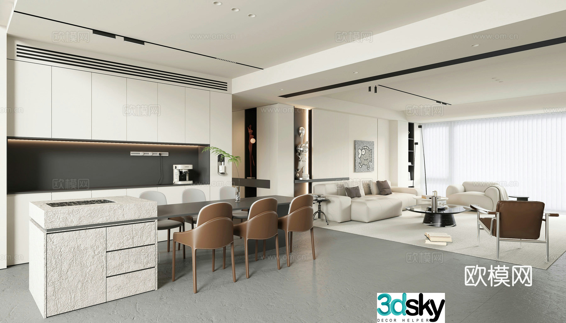 Modern living and dining room 3d model