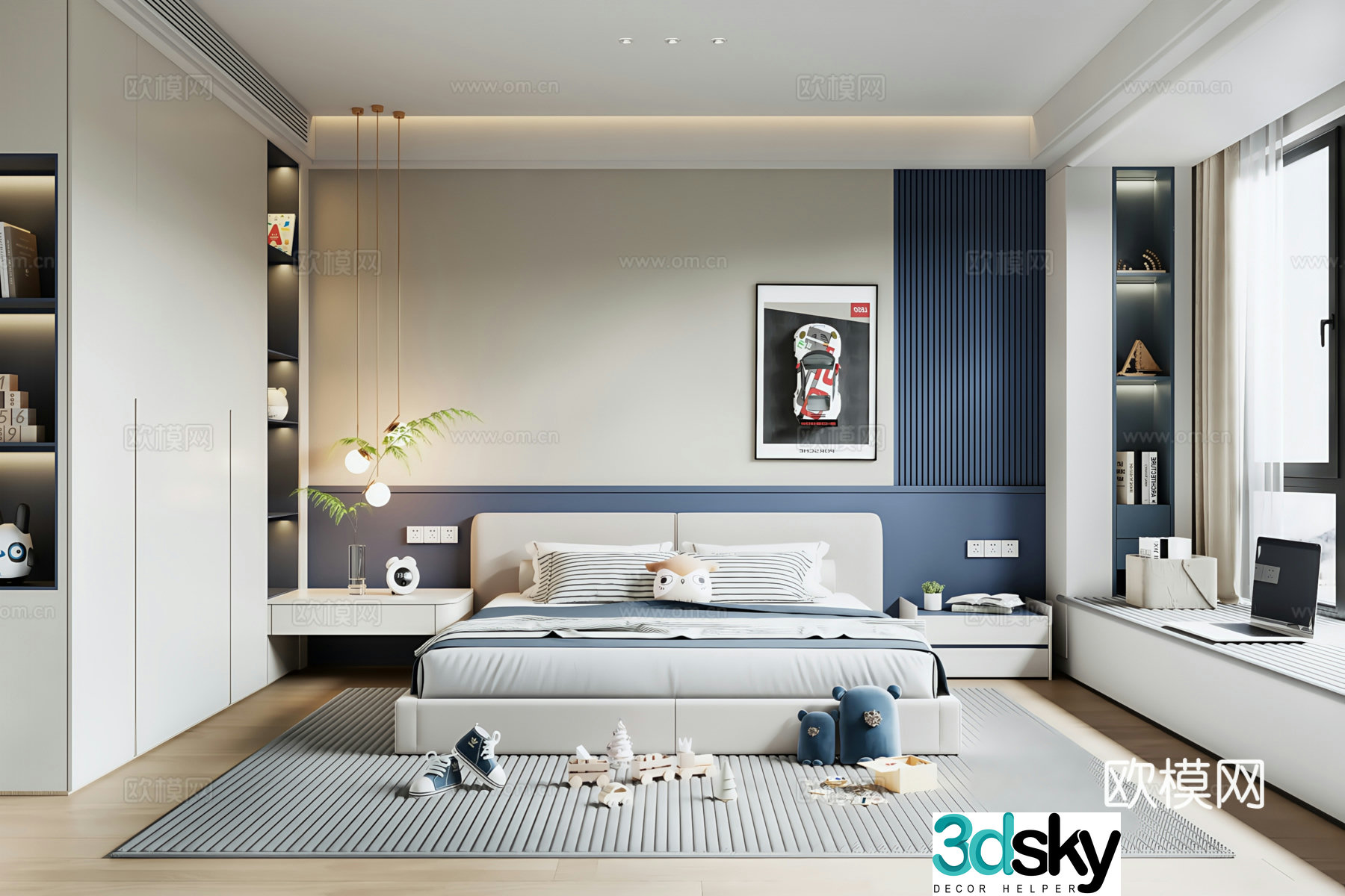 Modern children’s room children’s bed children’s wardrobe decorative painting bedside table small chandelier 3d model