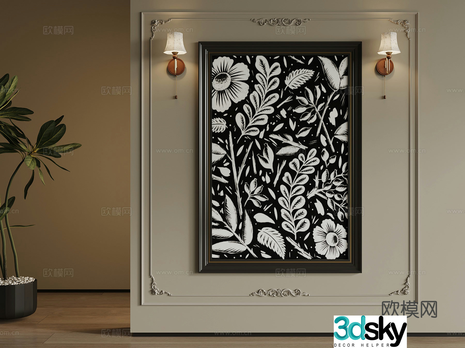 French retro style hanging paintings decorative paintings wall lights 3d model