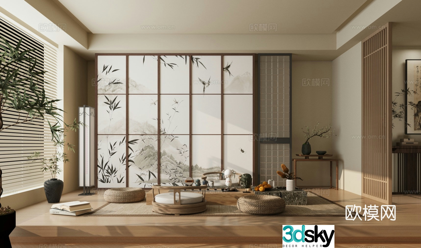 New Chinese-style tatami tea room tea room tea table and chair combination Chinese-style screen 3D model