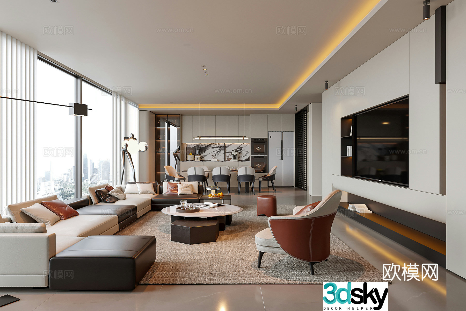 Modern living room sofa coffee table combination TV background wall living and dining room 3D model