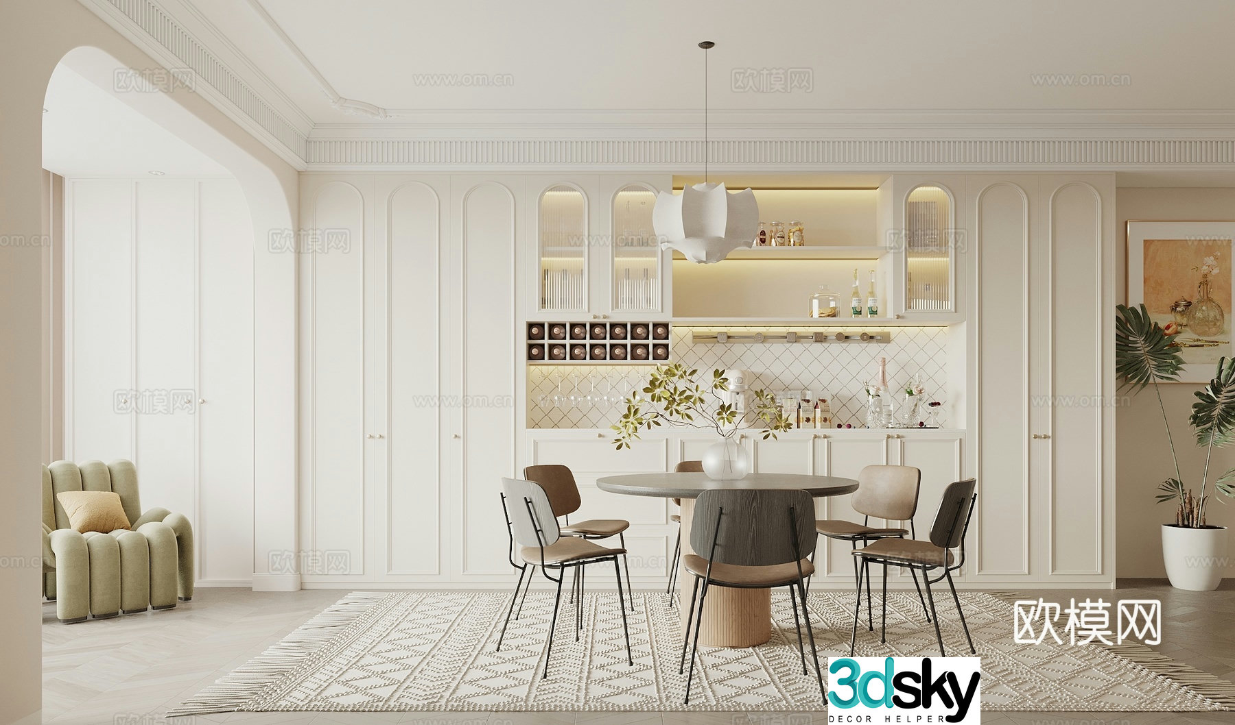 French simple European restaurant wine cabinet sideboard round table and chair combination art chandeliers leisure chair 3D model