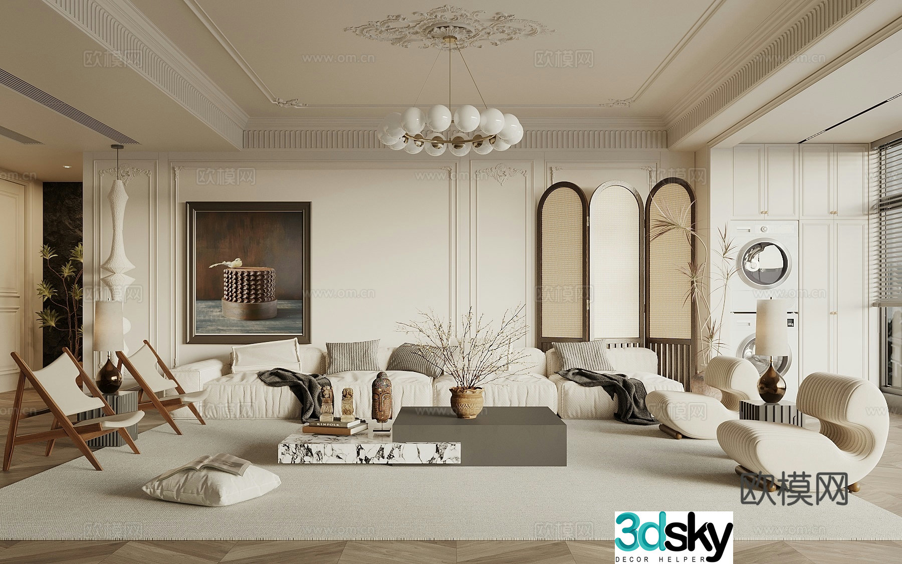 French simple European living room sofa coffee table combination sofa background wall lazy sofa entrance cabinet 3D model