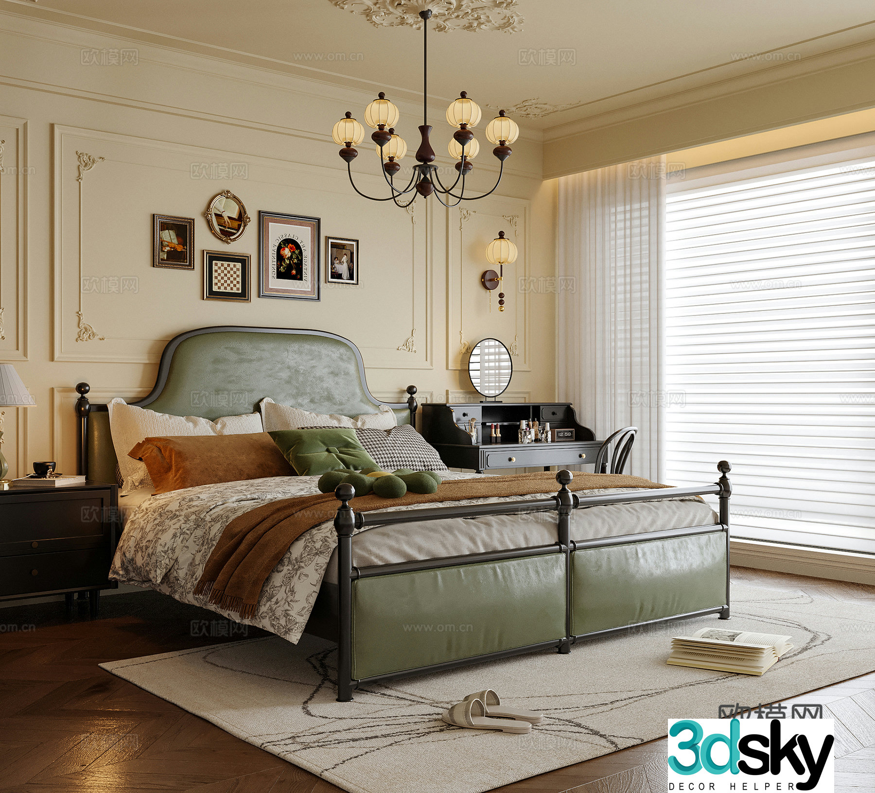 American bedroom double bed bedroom chandeliers dressing table bedside table 3D model