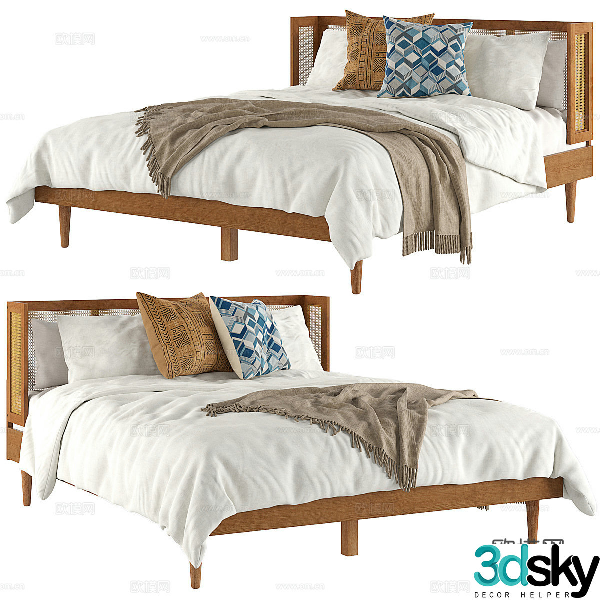 New Chinese style wasabi fabric double bed 3D model