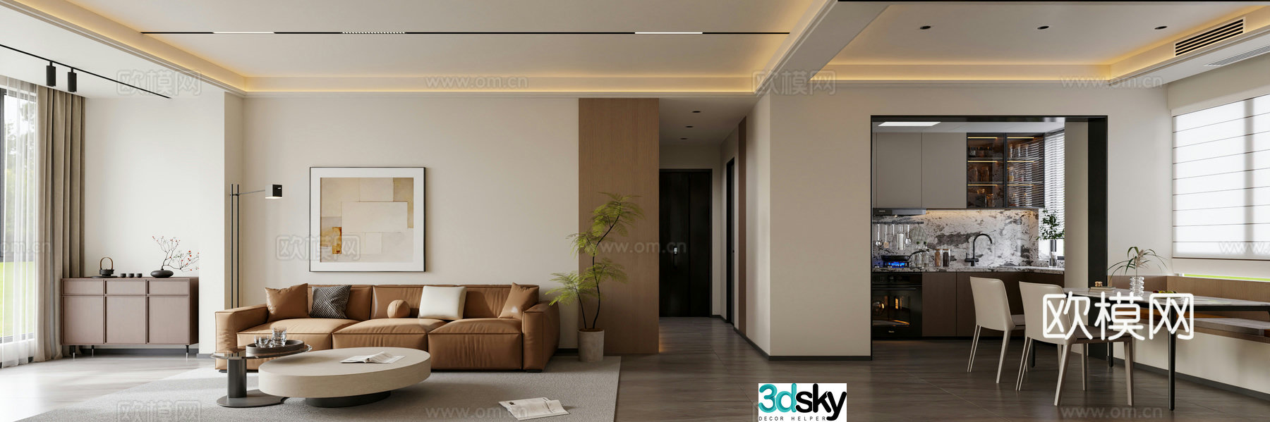 Modern home living and dining room Simple living and dining room Log room TV wall Dining table and chair Sofa 3D model