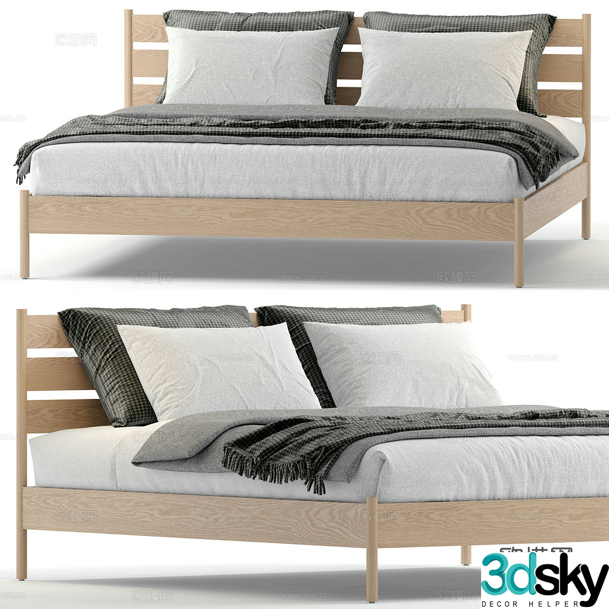 New Chinese style wooden fabric double bed 3D model