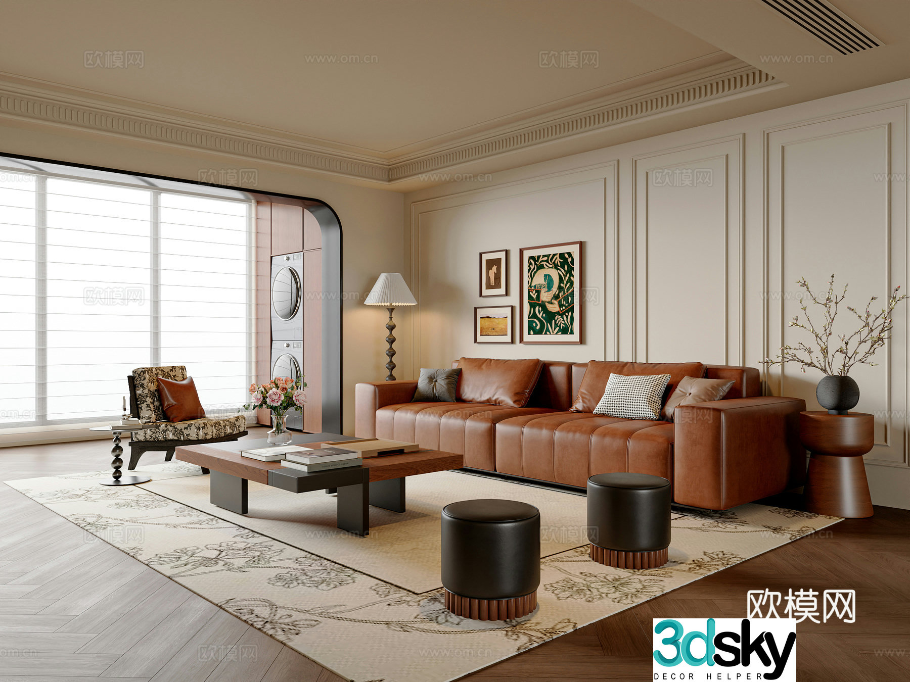 French medieval style living room sofa and coffee table combination leisure chair dunzi coffee table floor lamp 3D model