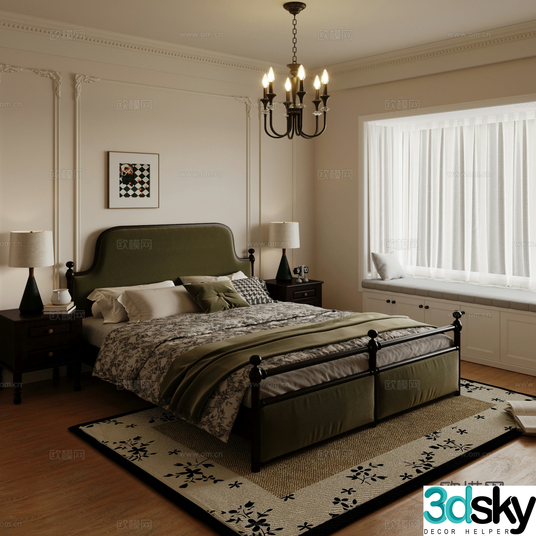 Middle French bedroom double bed 3d model