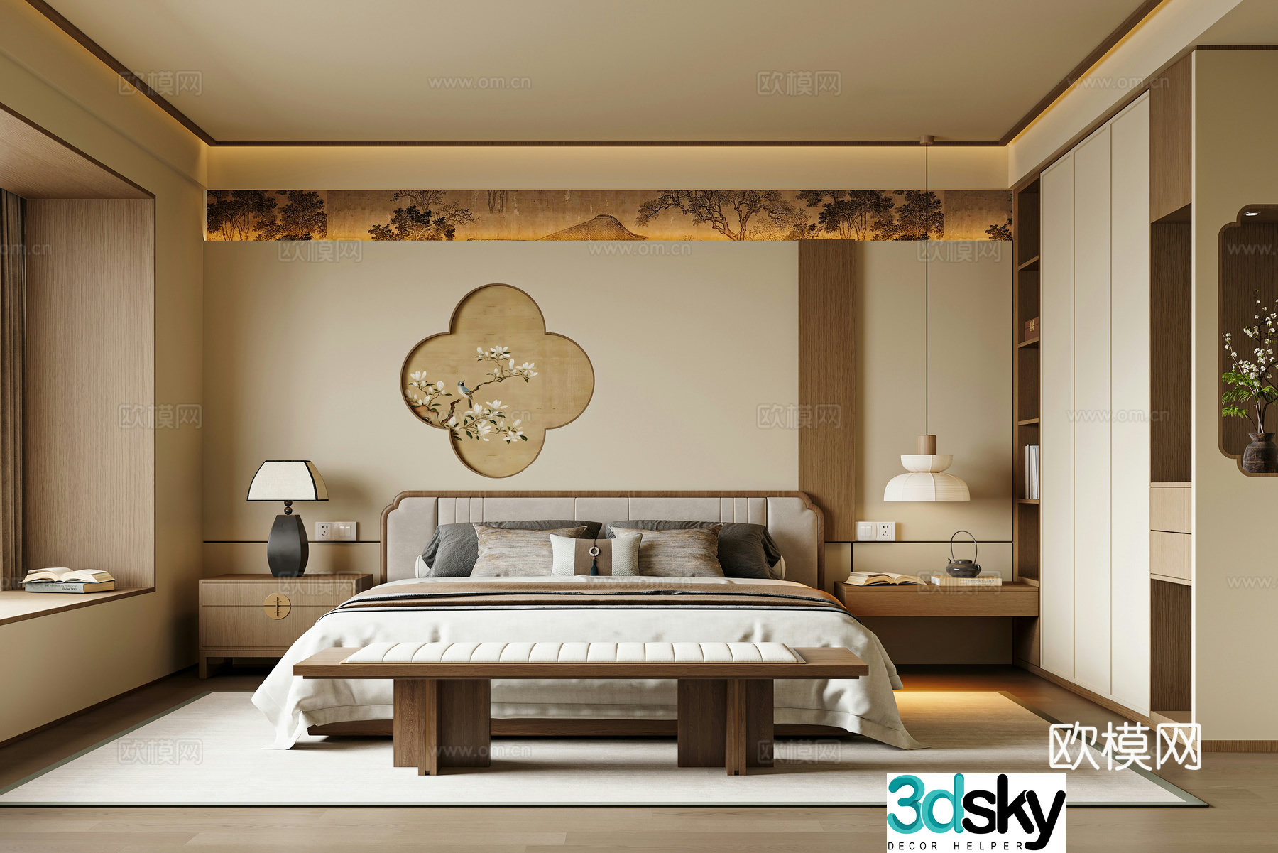 New Chinese style bedroom Song Family Bedroom Song Family Wardrobe Song Family Background Wall Double Bed 3D Model