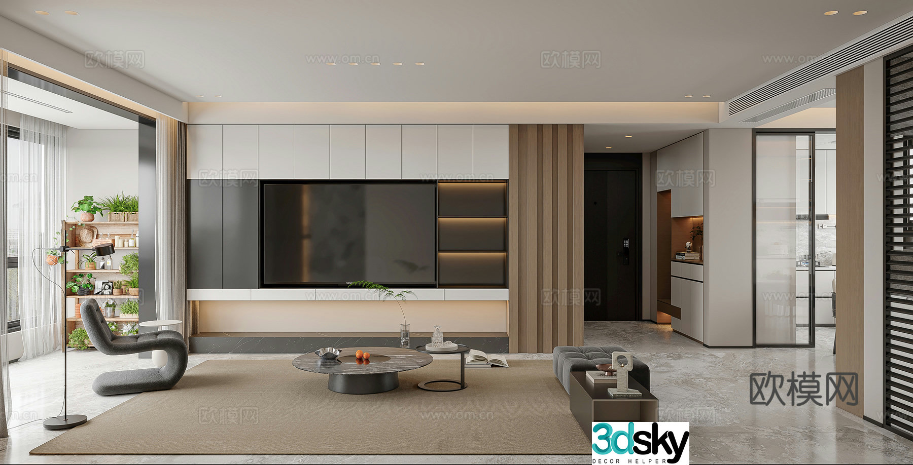 Modern light luxury living and dining room kitchen 3D model