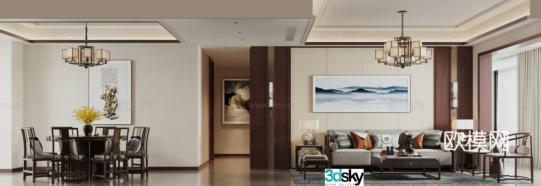 New Chinese style living and dining room 3D model