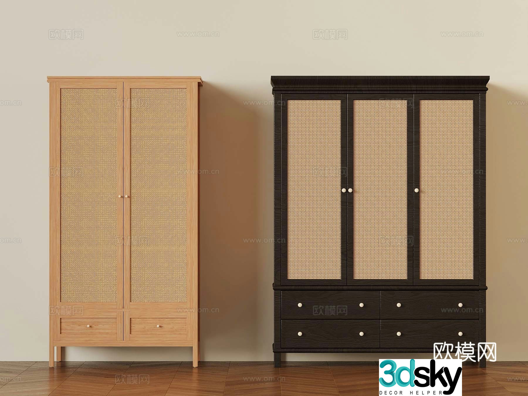 Middle-aged wardrobe wardrobe locker rattan cabinet 3d model