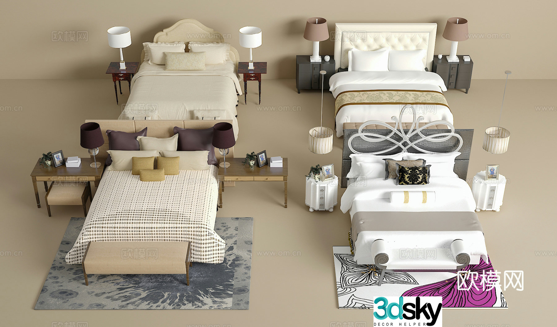 Double bed combination bedside table jewelry ornaments desk lamp carpet pillow 3D model