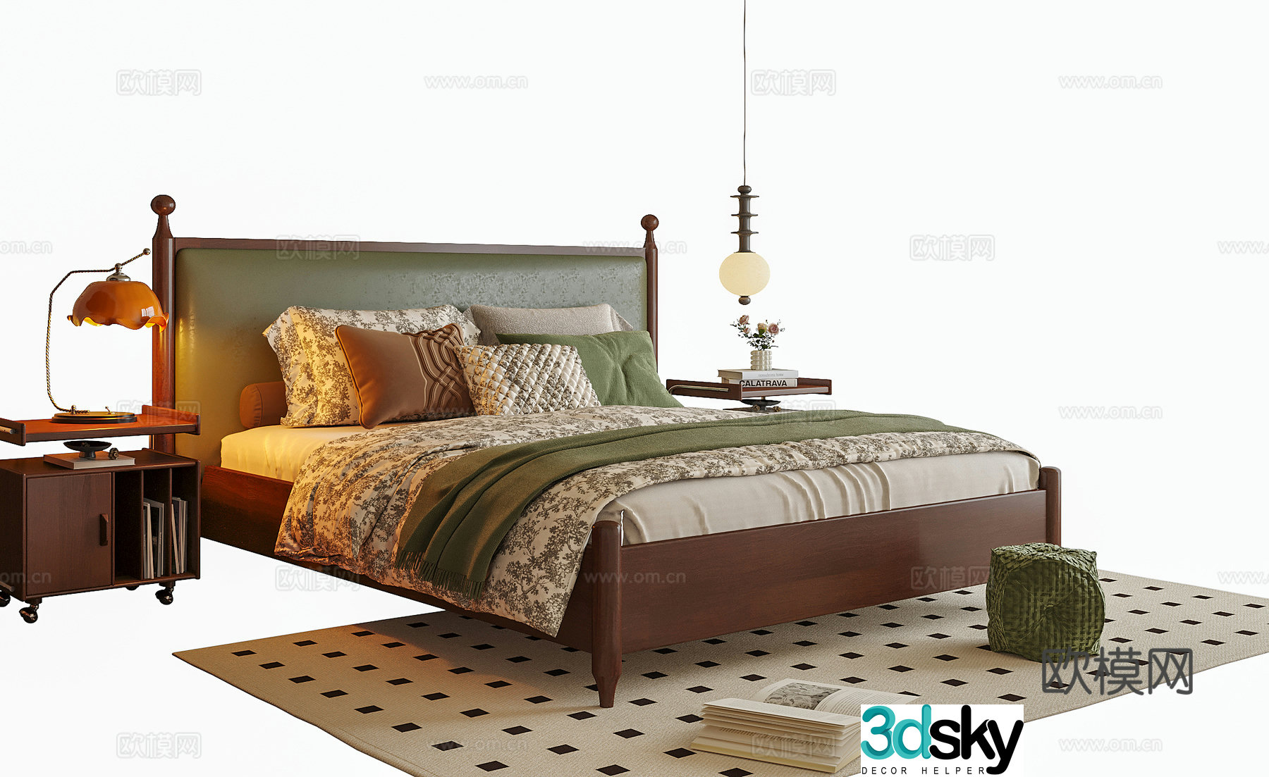 French double bed bedside table bedside chandeliers table lamp 3d model