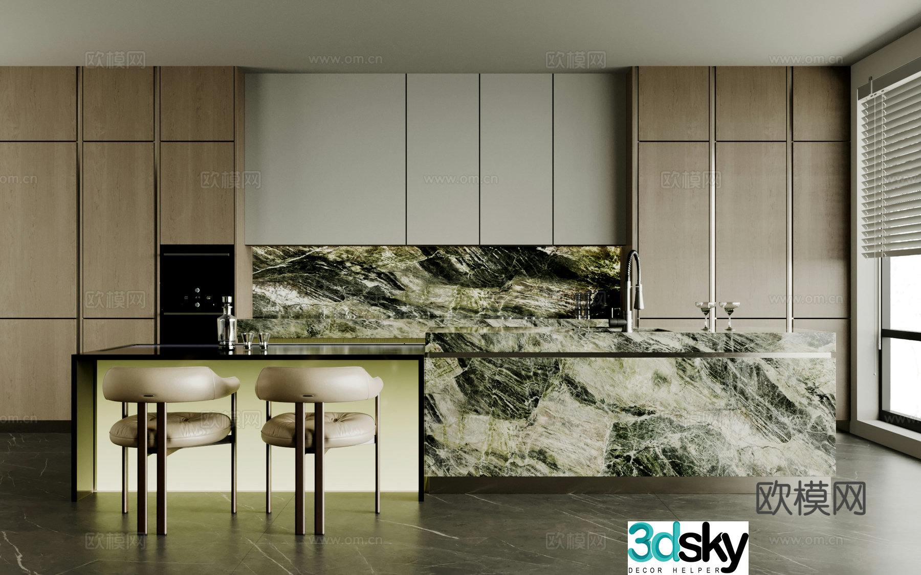 Modern open kitchen dining room island water bar marble dining table single chair cabinet 3d model