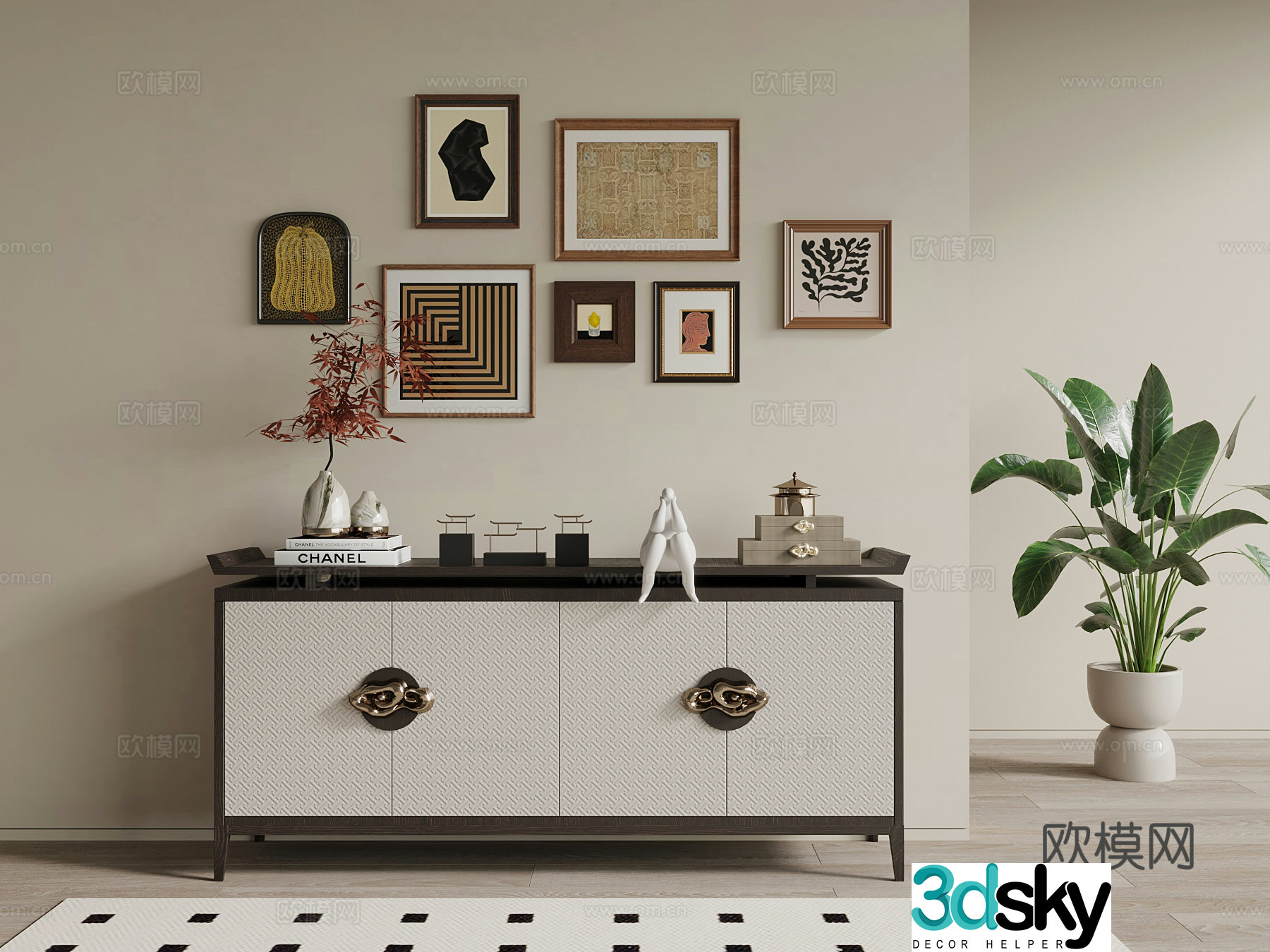 New Chinese style side cabinet hanging painting green plant 3D model