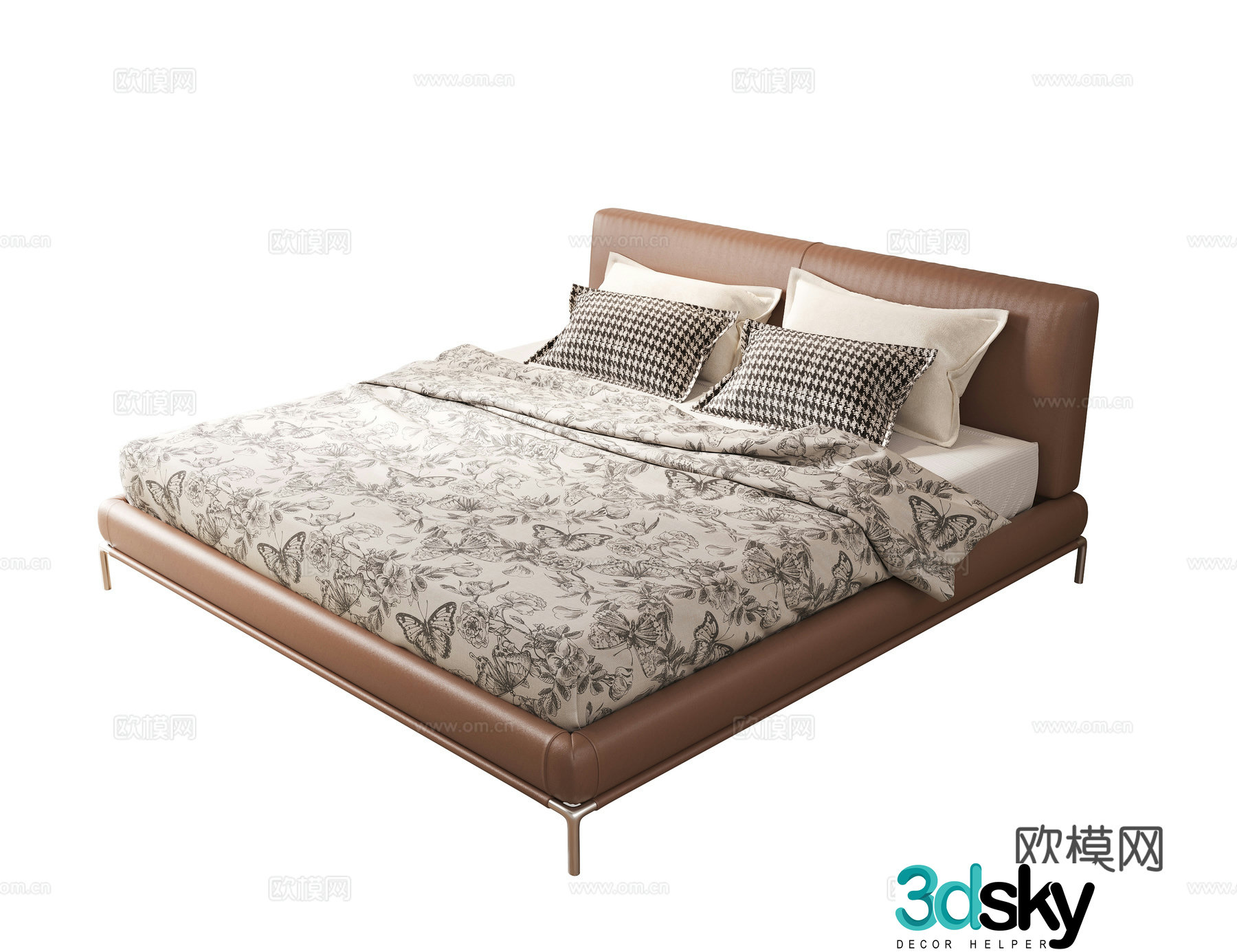 Retro double bed leather double bed master bedroom bed 3d model