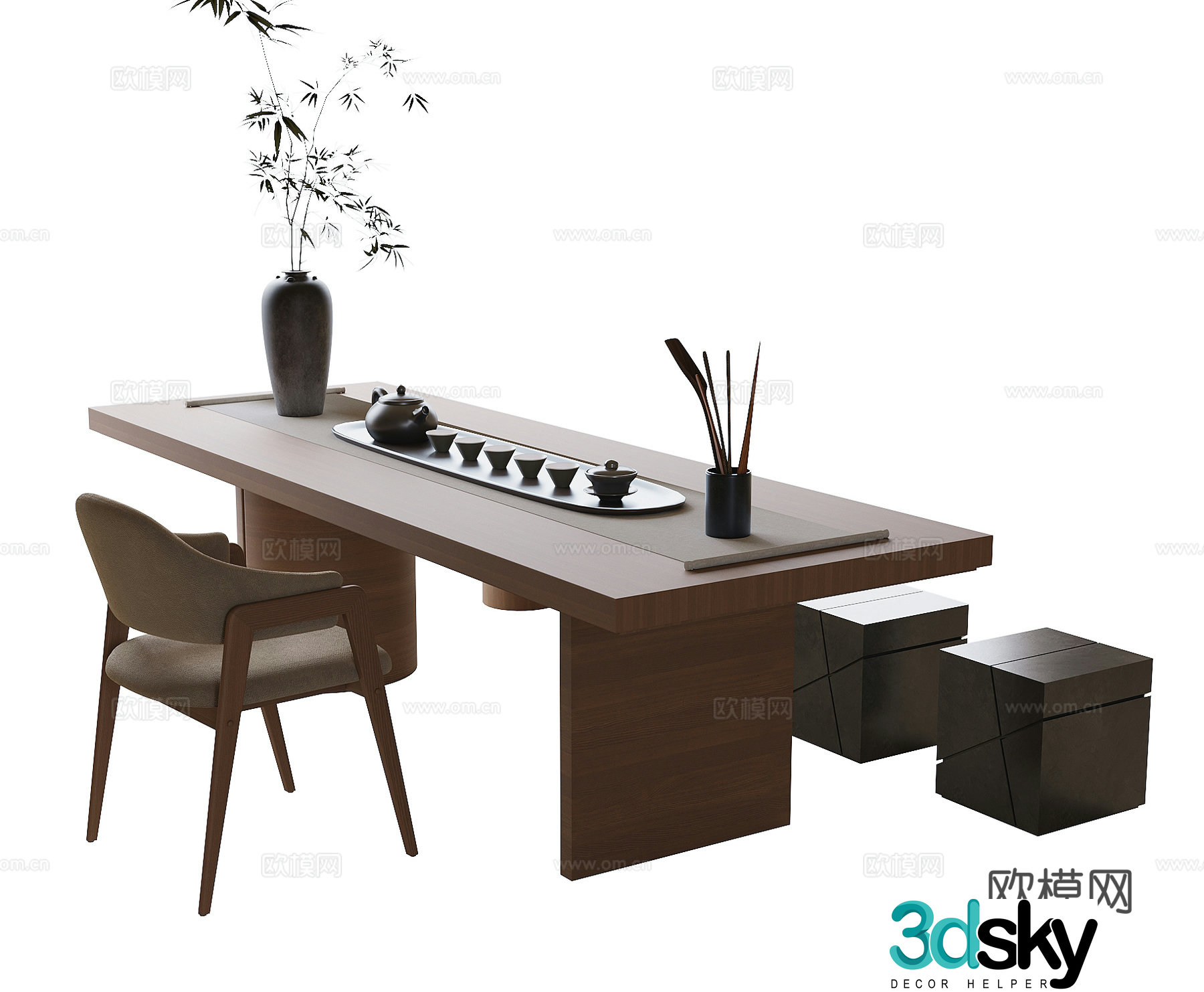 Modern tea table and chair stool tea set tea chair 3d model