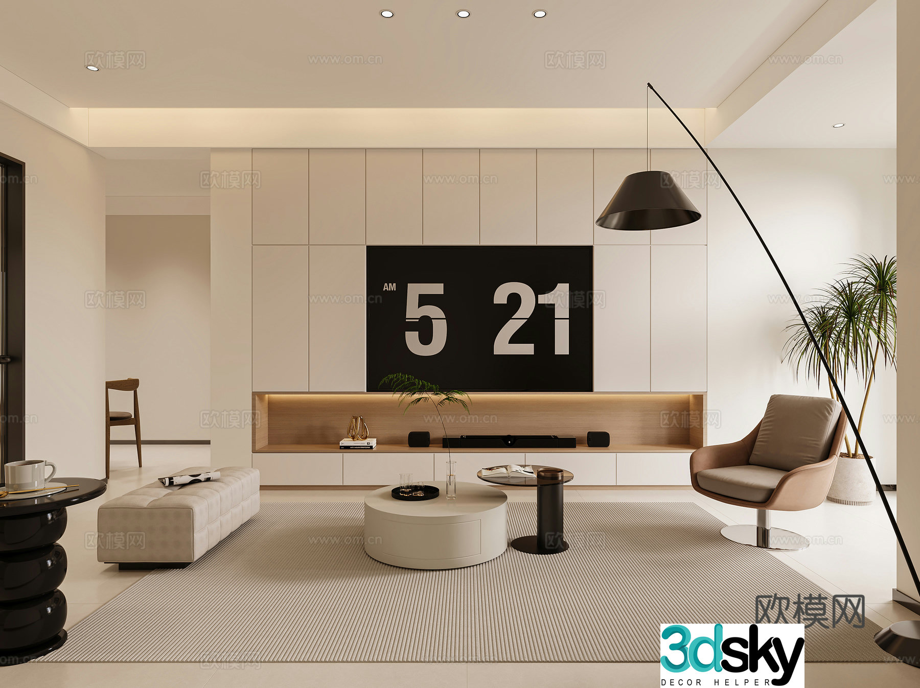 Modern living room TV background wall leisure chair floor lamp modern living room creamy living room 3d model