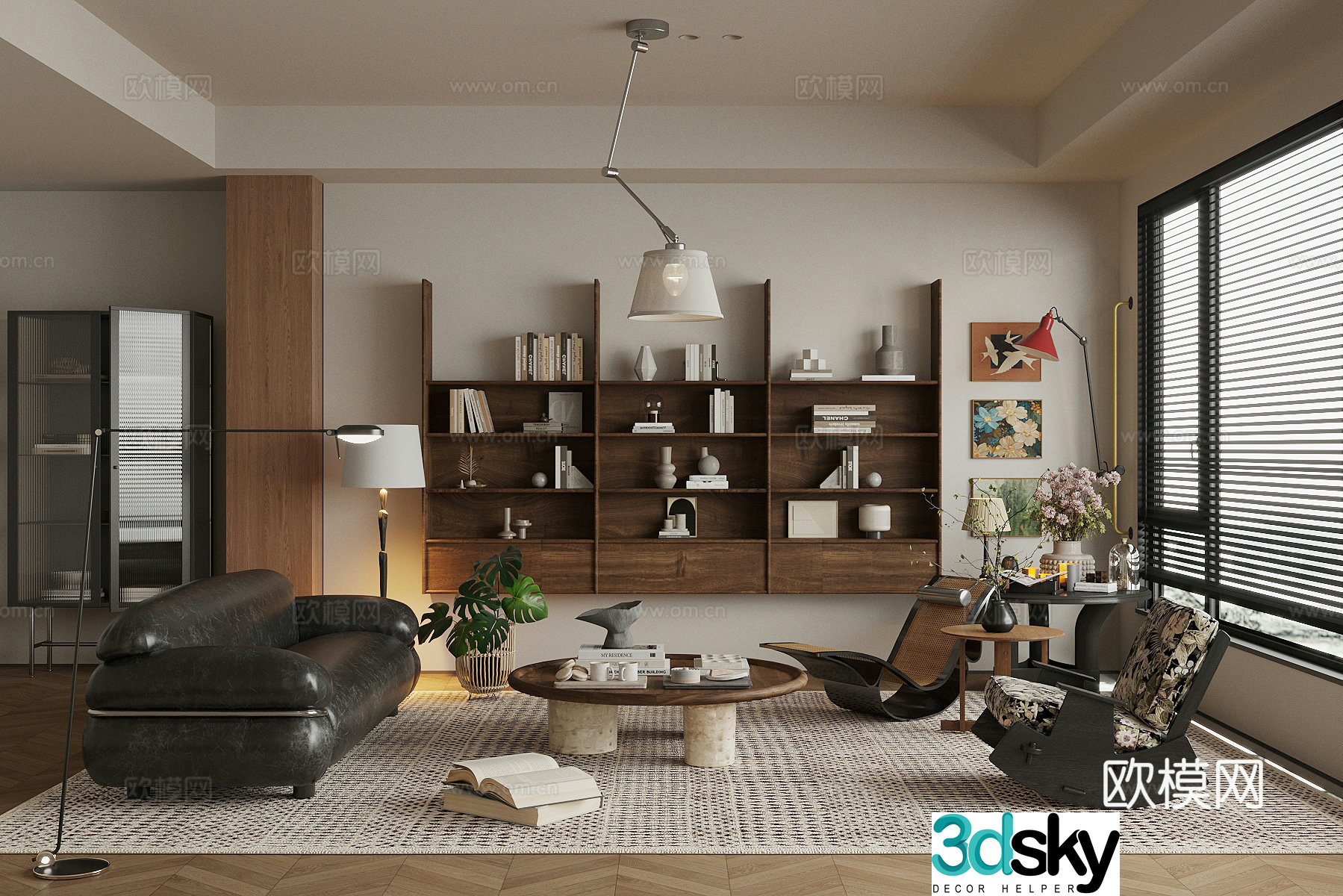 Medium-old home living room small living room sofa and coffee table combination solid wood bookcase 3D model