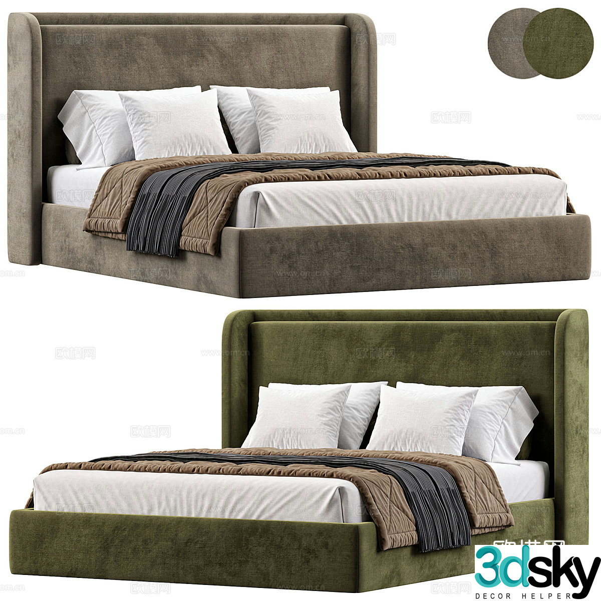 Modern Italian light luxury fabric double bed 3D model