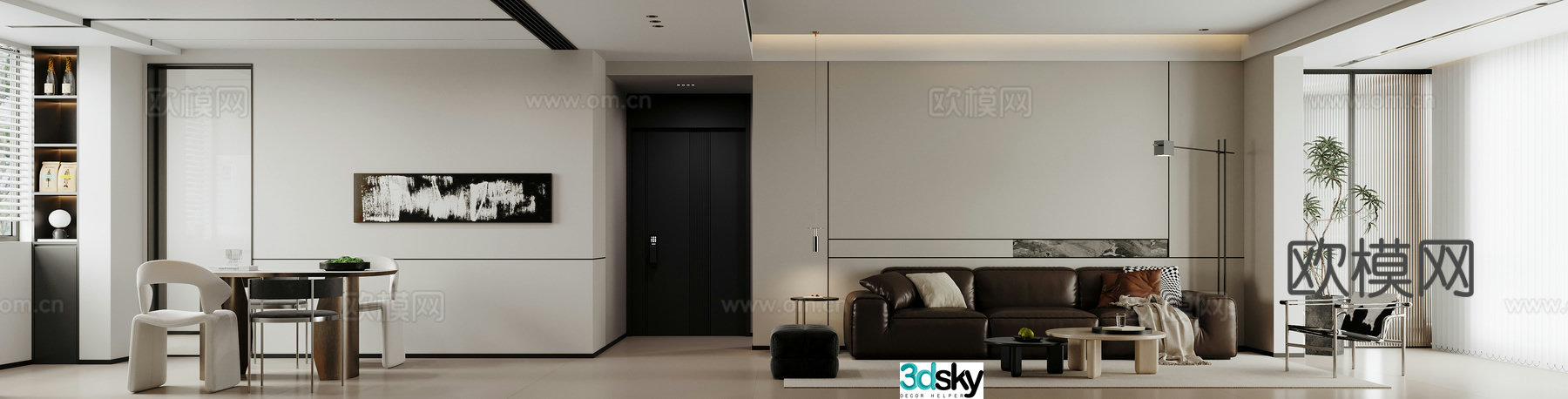 Modern black white and gray living and dining room kitchen 3d model