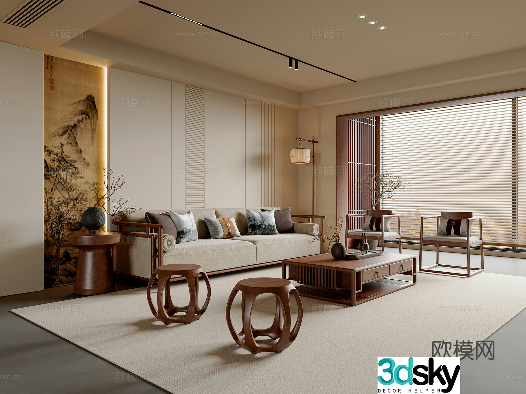 New Chinese style Song style living room sofa and coffee table combination leisure chair floor lamp pier potted 3D model