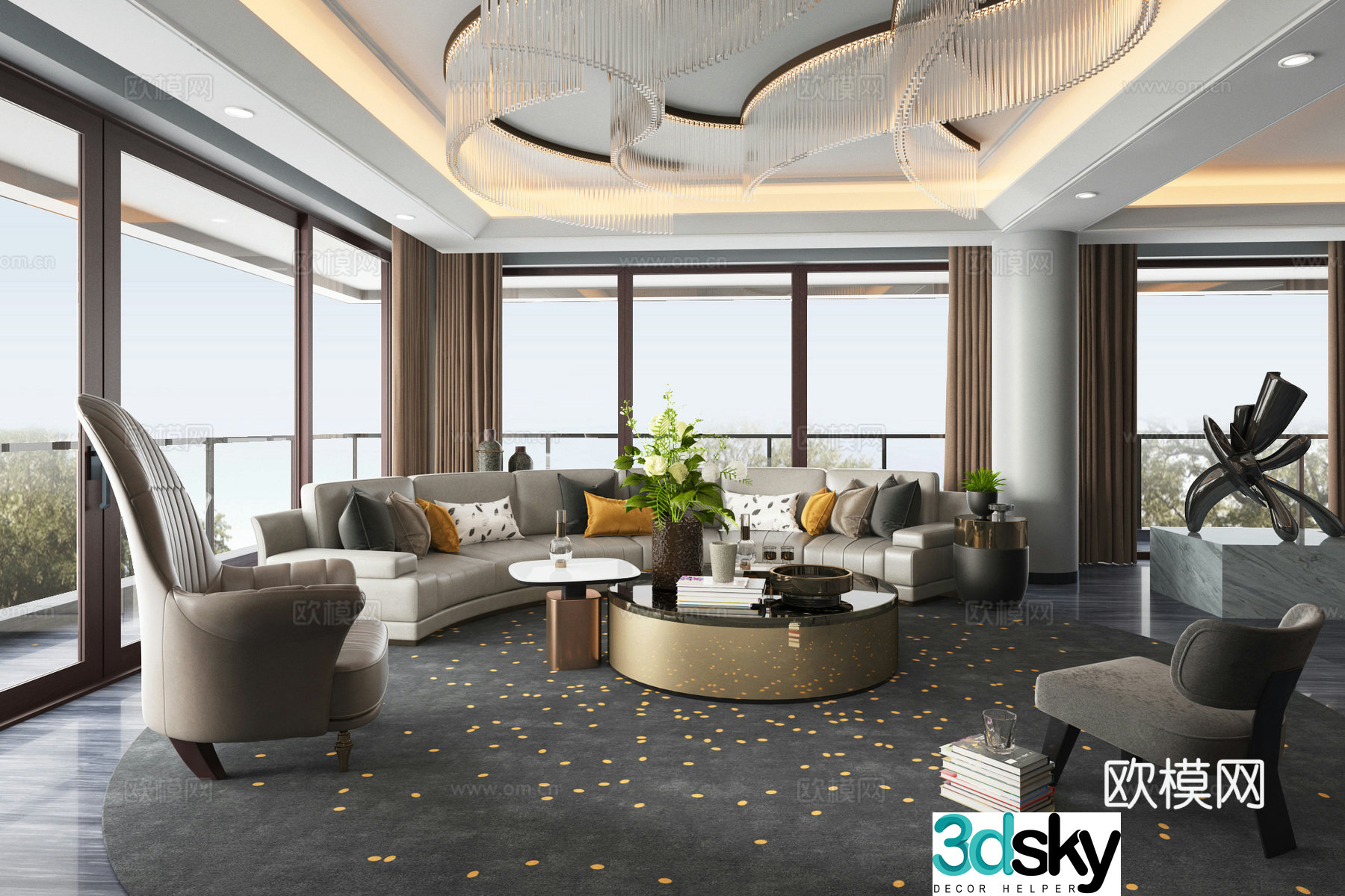Modern light luxury living room sofa coffee table combination crystal lamp single leather sofa 3D model
