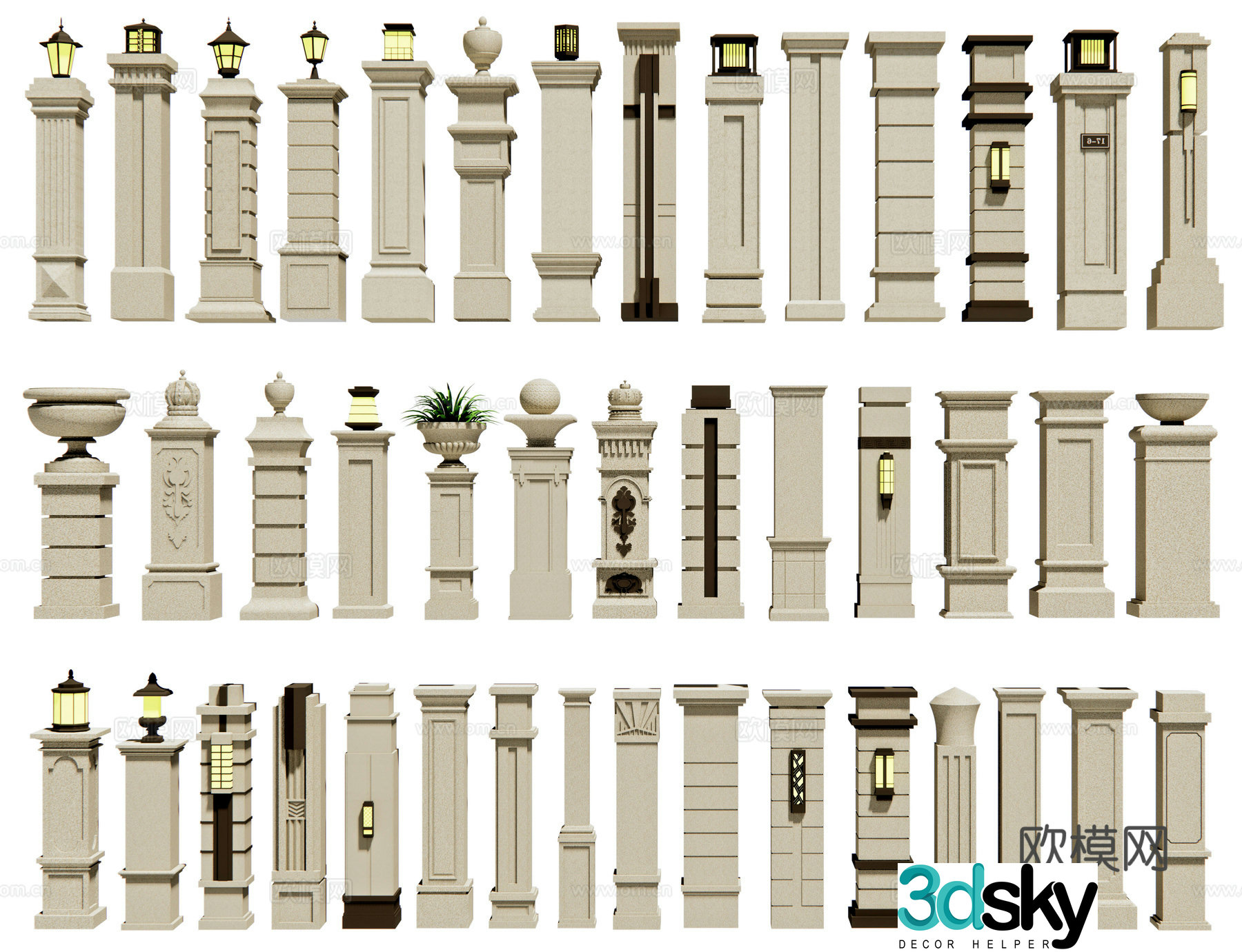 European-style courtyard door posts wall columns courtyard gates Roman columns villa house entrance doors 3D model