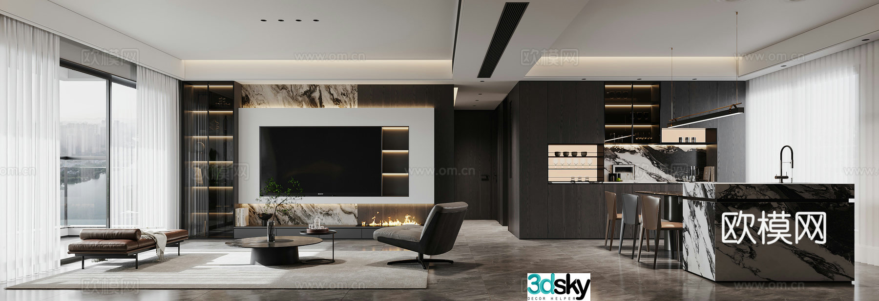 Modern dark color living and dining room 3D model