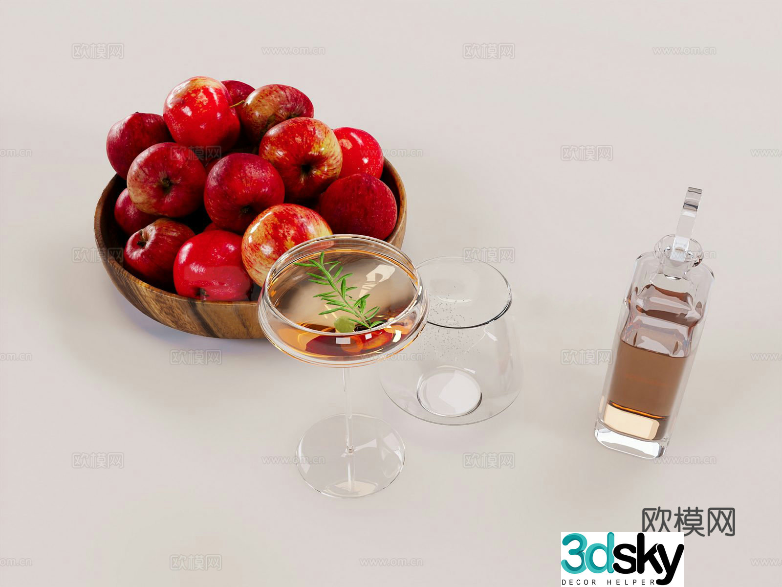 Modern desktop ornaments Apple wine glass wine bottle whiskey 3d model
