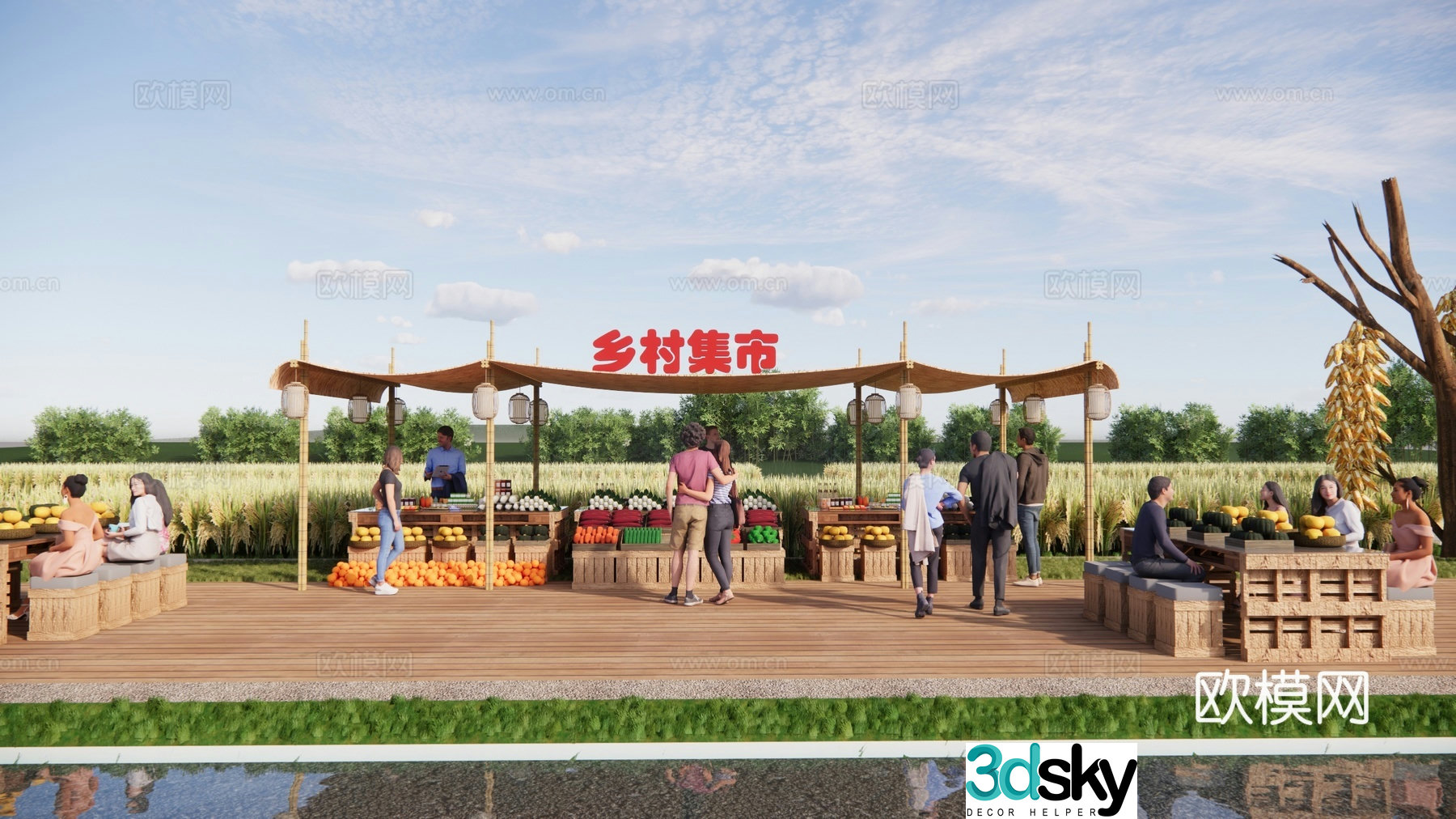 Modern rural commercial street market Agricultural product trading points Rural stall 3D model in rural agricultural product trading