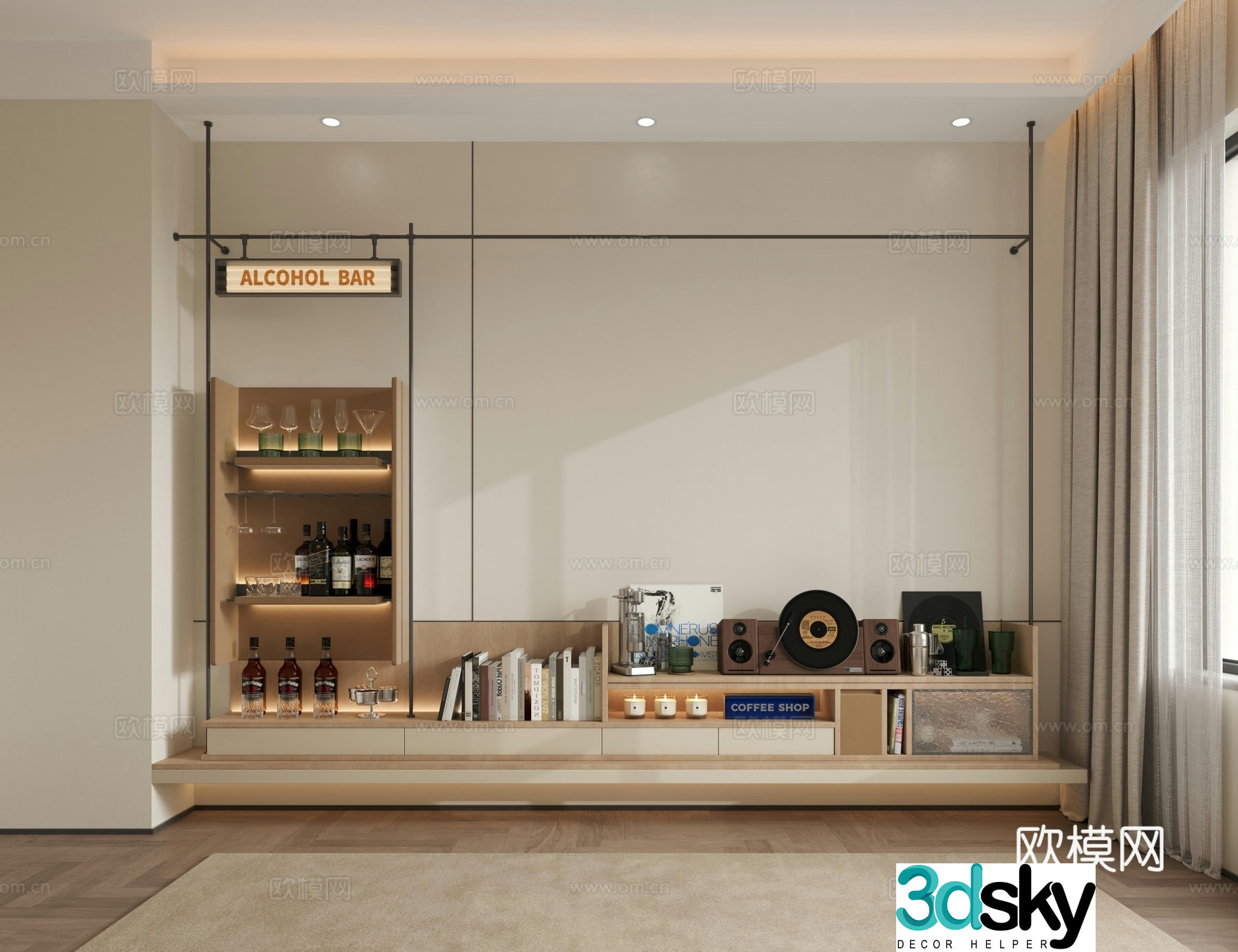 Decorative cabinet shelf light box bookshelves wine rack wine cup record machine audio storage 3d model