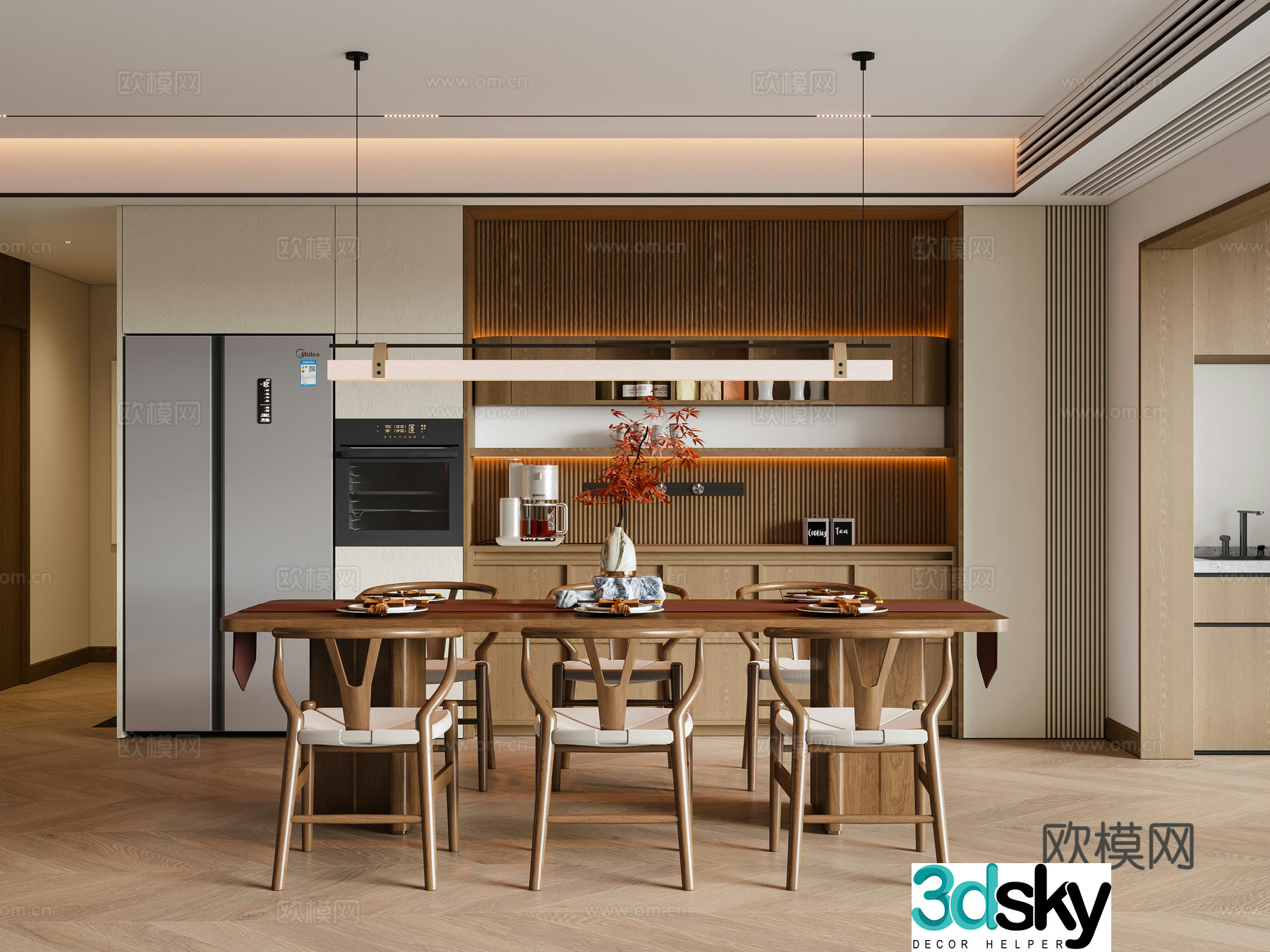 New Chinese Song style restaurant dining table and chair chandeliers sideboard wine cabinet 3D model
