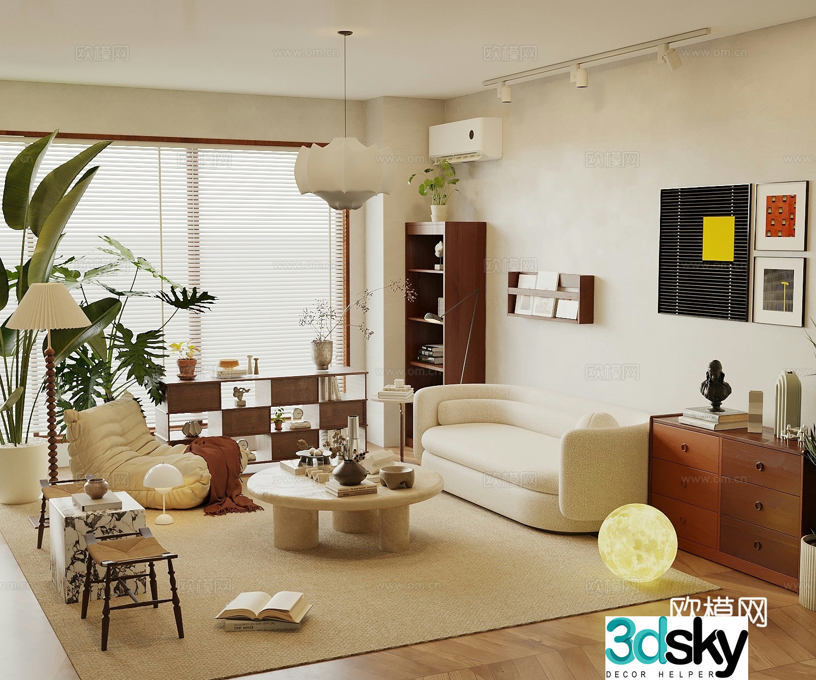Wasabi Middle Style Living Room Sofa Coffee Table Combination Decoration Cabinet Bookshelf Leisure Chair Hanging Painting 3D Model
